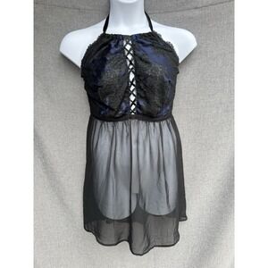 CACIQUE Babydoll Lingerie Nightgowns Size 22/24‎ Black Blue Lace Sheer Mesh Tie